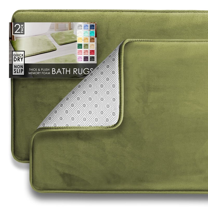 Clara Clark 2 Piece Bathroom Rugs Bath Mat Set, Velvet Memory Foam Bath Mats for Bathroom - Non-Slip, PVC Backing Bath Rugs, Washable - Dries Quickly, Green - Image 1